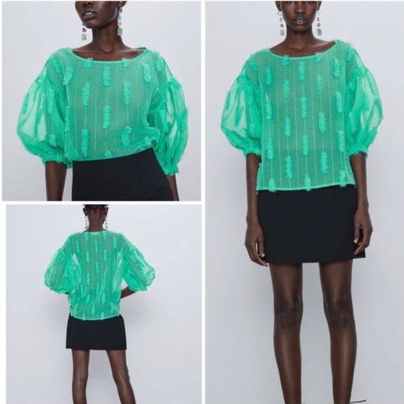 Zara Sheer Green Puff Sleeve Blouse - Picture 4 of 7